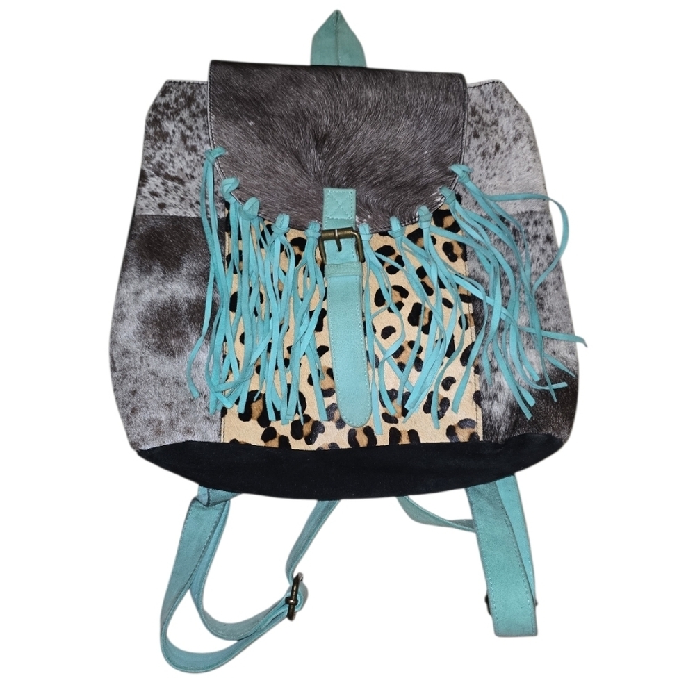Cattle Boss Western Boho Backpack Cowhide Backpack Fringe Leopard Turquoise